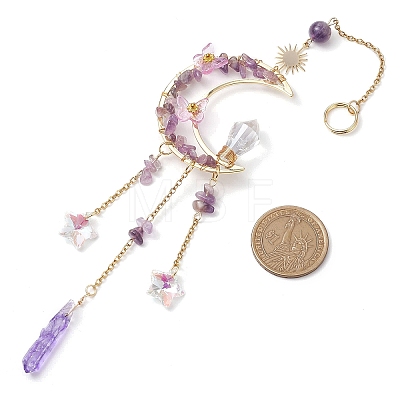 Wire Wrapped Natural Amethyst Chips Moon Hanging Ornaments HJEW-JM02621-02-1