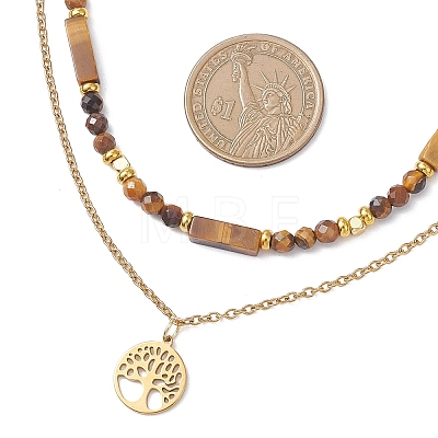 Tree of Life 304 Stainless Steel Pendant Cable Chain and Natural Tiger Eye Rectangle Round Beaded Double Layer Necklaces NJEW-JN05713-1
