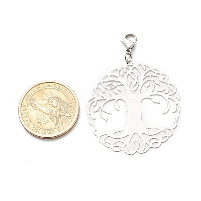 Flat Round with Tree of Life 201 Stainless Steel Filigree Pendant Decorations HJEW-JM00573-03-1