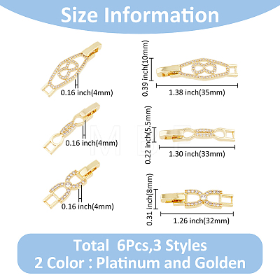 SUPERFINDINGS 6Pcs 3 Styles 2 Colors Rack Plating Brass Clear Cubic Zirconia Watch Band Clasps KK-FH0007-36-1