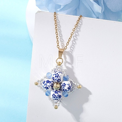 Handmade Flower Printed Porcelain Ceramic Beaded Star Pendant 304 Stainless Steel Chain Necklaces NJEW-MZ00143-1