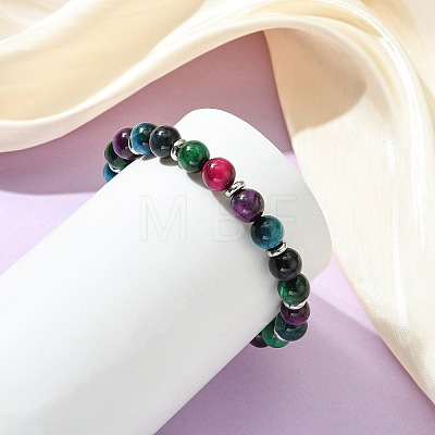 Dyed & Heated Natural Tiger Eye & Brass Round Beaded Stretch Bracelets for Women Men BJEW-JB13933-1