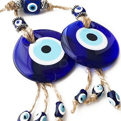 Flat Round with Evil Eye Glass Tassel Pendant Decorations EVIL-PW0002-17-1