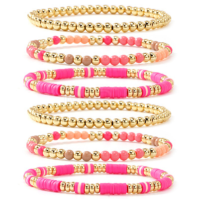 6Pcs 6 Styles Bohemian Style Plastic & Brass & Polymer Clay Heishi Beaded Stretch Bracelets for Women BX0662-1-1