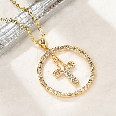 Brass Micro Pave Clear Cubic Zirconia Ring Pendant Necklaces NJEW-P322-A02-G-1