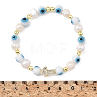 Evil Eye Lampwork and Natural Cultured Freshwater Pearl Beaded Stretch Bracelets BJEW-JB14283-01-1