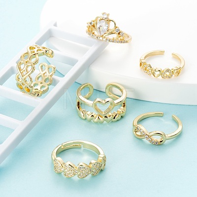 6Pcs 6 Styles Brass Micro Pave Clear Cubic Zirconia Cuff Rings RJEW-LS0001-44G-1