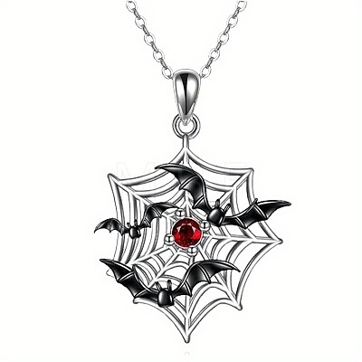 Halloween Alloy Siam Rhinestone Spider Web with Black Bat Pendant Necklaces WGB5650-01-1