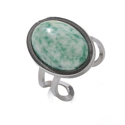 Oval Natural Green Spot Jasper Finger Rings RJEW-M062-02P-13-1