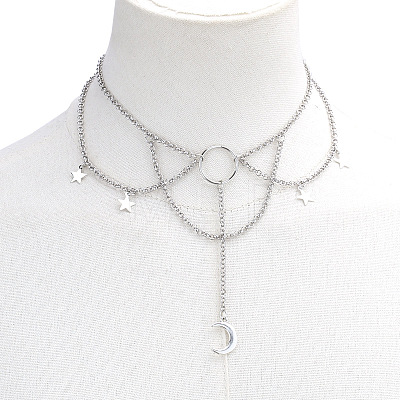 Moon & Star Zinc Alloy Tassel Layered Choker Necklaces FS-WG2E652-05-1