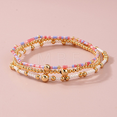 3Pcs 3 Styles Glass Seed Beads & Brass Beads Stretch Bracelets Set for Women VQ8944-1-1