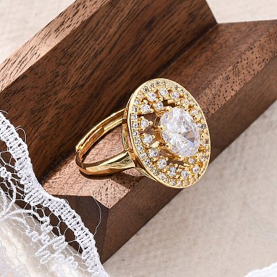 Brass Micro Pave Clear Cubic Zirconia Adjustable Rings for Women RJEW-C118-08G-1