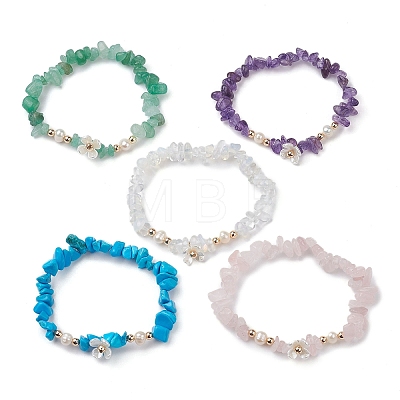 Mixed Gemstones Chip Beaded Plastic Flower Stretch Bracelets BJEW-JB10205-1