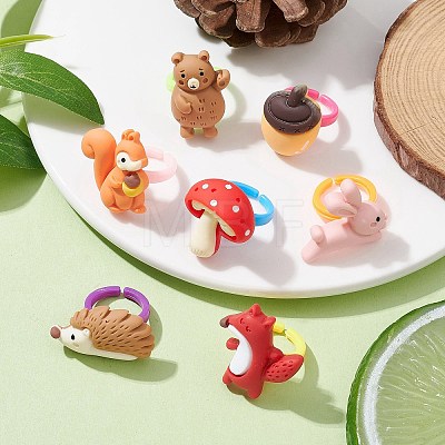 7Pcs 7 Style 3D Animals Resin Open Cuff Rings Set for Kids RJEW-JR00651-1
