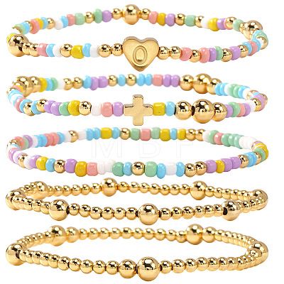 Summer Stainless Steel Heart Alphabet Colorful Glass Seed Beaded Stretch Bracelet Sets JV8929-15-1