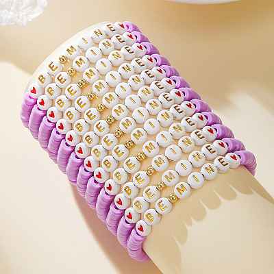 12Pcs Valentine's Day Polymer Clay & Acrylic & Alloy Beaded Stretch Bracelets Set for Women FS-WG6B295-05-1