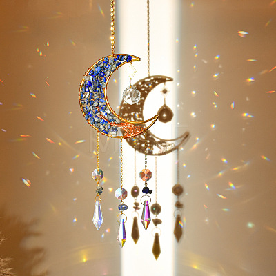 Natural Lapis Lazuli Chip & Brass Moon Hanging Suncatcher Pendant Decoration PW23041117801-1