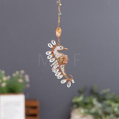 Wire Wrapped Glass Beads & Metal Sea Horse Hanging Ornaments PW-WG0697F-01-1