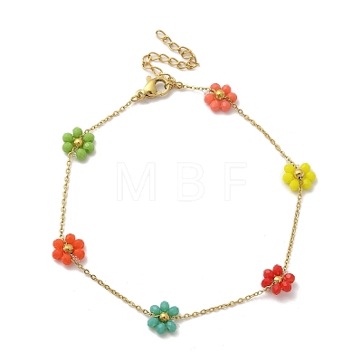 304 Stainless Steel & Synthetic Stone Daisy Flower Chain Anklets for Women AJEW-B031-01G-03-1