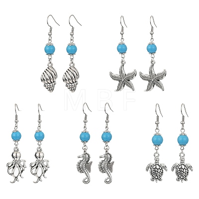 Ocean Theme Alloy Dangle Earrings with Synthetic Turquoise Beaded EJEW-JE05447-1