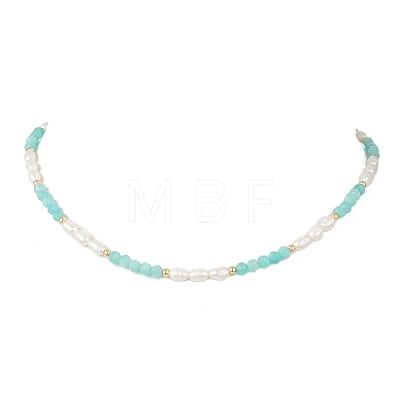 Faceted Round Natural Amazonite and Rice Natural Pearl Beaded Necklaces for Women NJEW-JN05816-04-1