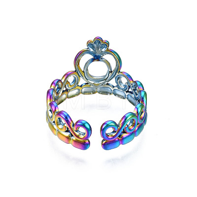 Ion Plating(IP) Rainbow Color 304 Stainless Steel Heart Crown Open Cuff Ring for Women RJEW-S405-259M-1