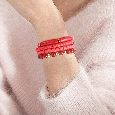 8Pcs 8 Style Natural Red Agate & Glass & Polymer Clay Heishi Surfer Stretch Bracelets Set BJEW-SW00083-1