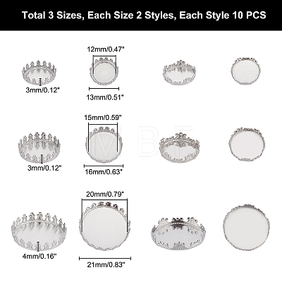   60Pcs 6 Style 304 Stainless Steel Plain Edge Bezel Cups STAS-PH0003-43-1