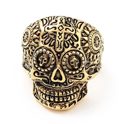 316 Stainless Steel Skull with Cross Finger Ring RJEW-C030-02E-AG-1