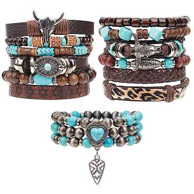 3Pcs 3 Styles Synthetic Turquoise & Wood & CCB Beaded Stretch Bracelets & Charm Bracelets Set for Women Men BJEW-WR0001-09-1