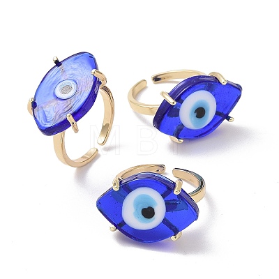 Lampwork Oval with Evil Eye Open Cuff Ring RJEW-I086-13G-01-1