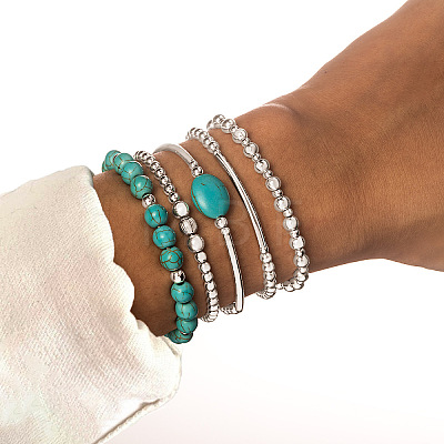 5Pcs 5 Styles Resin Imitation Turquoise & CCB Round Stretch Bracelets for Women FS-WGBACA3-01-1