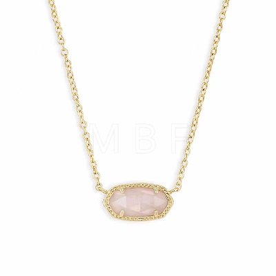 Brass Pave Natural Rose Quartz Faceted Oval Pendant Necklaces for Women WG283E9-01-1