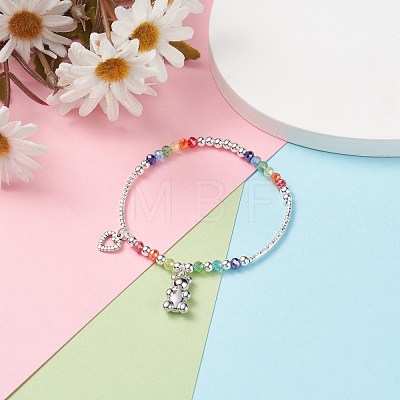 Bear and Open Heart Charm Bracelet with Curved Tube Beads for Women BJEW-TA00052-1