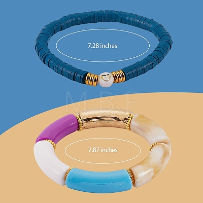 10Pcs 10 Style Handmade Polymer Clay Heishi Beaded Stretch Bracelets Set with Heart BJEW-SW00036-03-1