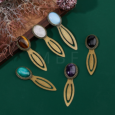 Oval Natural Rose Quartz & Tiger Eye & Black Stone & Amethyst & Agate & Opalite Bookmark AJEW-DC00018-1