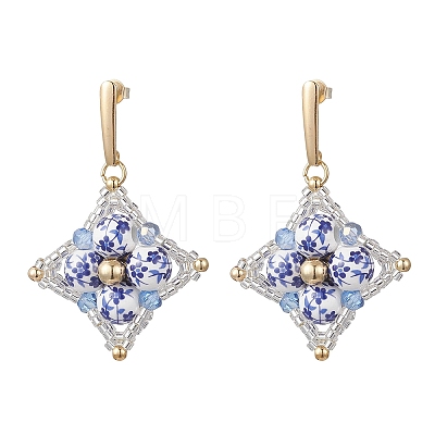 Handmade Flower Printed Porcelain Ceramic Dangle Earrings EJEW-MZ00694-1