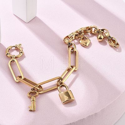 304 Stainless Steel Paperclip & Rolo Chains Charm Bracelets for Women BJEW-C089-03G-1