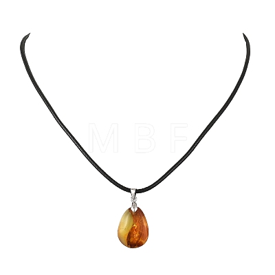 Natural Amber Teardrop Pendant Black Imitation Leather Cord Necklaces for Women NJEW-JN06318-1