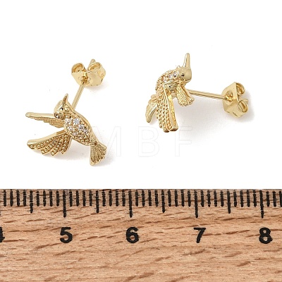 Hummingbird Brass Micro Pave Clear Cubic Zirconia Stud Earrings EJEW-L311-02G-1