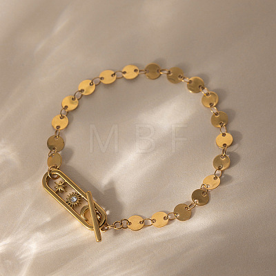 304 Stainless Steel Flat Sequin Chain Bracelets with Crystal Rhinestone with Moo Sun Star OT Clasps PL6562-1