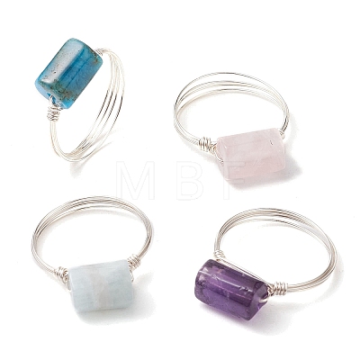 4Pcs 4 Styles Column Natural Apatite & Aquamarine & Amethyst & Rose Quartz Finger Rings Sets RJEW-TA00149-1