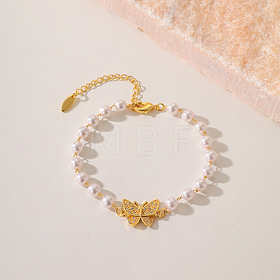 Fashionable Butterfly Brass Crystal Rhinestone & Imitaiton Pearl Braided Bead Bracelets for Women DV0214-6-1