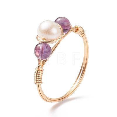 Gemstone & Natural Pearl Braided Finger Ring RJEW-JR00509-1