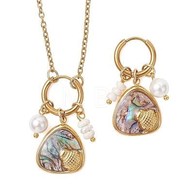 Abalone Shell Pendant Necklace & Hoop Earrings with Shell Pearl & Natural Freshwater Pearls SJEW-JS01379-01-1