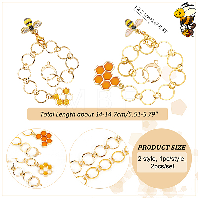 2Pcs 2 Style Bees & Honeycomb Alloy Enamel Beaded Knitting Row Counter Chains HJEW-AB00687-1