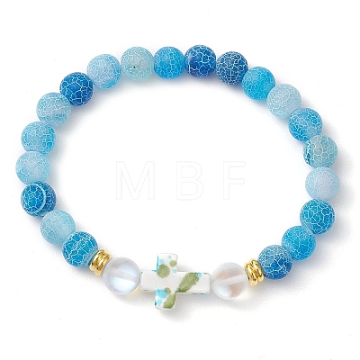 Synthetic Moonstone & Frosted Natural Weathered Agate Beads Stretch Bracelets for Women BJEW-JB11333-03-1