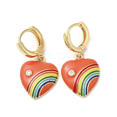 Heart with Rainbow Real 18K Gold Plated Brass Dangle Hoop Earrings EJEW-L268-042G-06-1