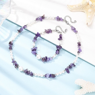 Natural Amethyst Chip Beads Bracelets & Necklaces Sets SJEW-JS01357-01-1
