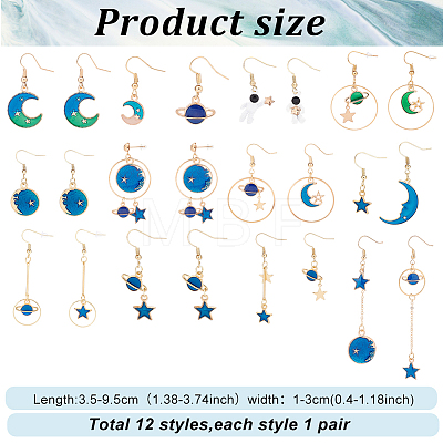 12 Pairs 12 Style Moon & Planet & Star & Spaceman Enamel Asymmetrical Earrings Set EJEW-AN0002-12-1